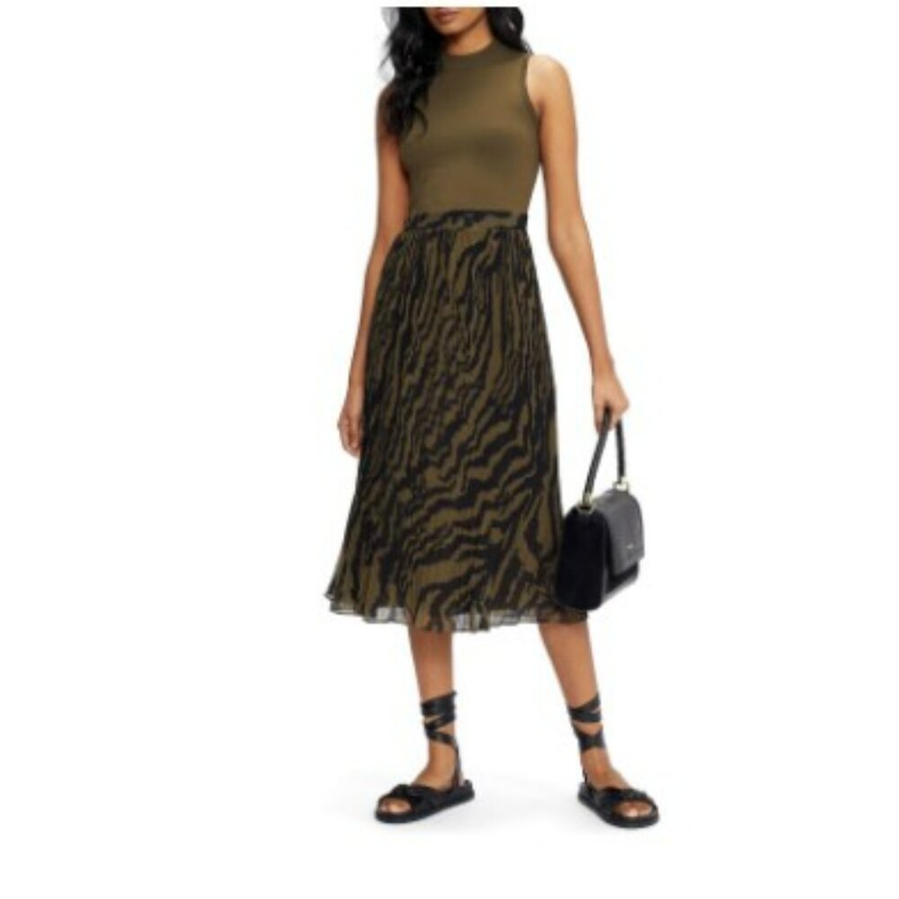 Ted Baker Justnee Pleated Mockable Midi Olive Green Casual Summer Dress‎ Size 4